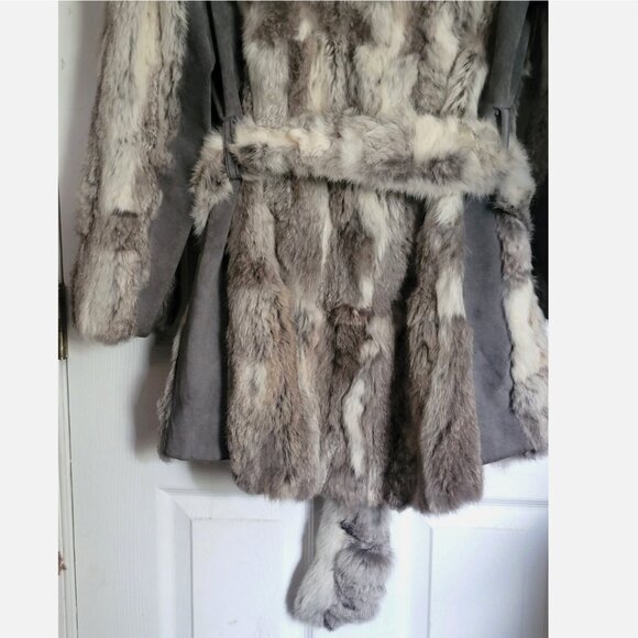 VTG Natural Rabbit Fur Long Coat Jacket w/ Belt Gray White Spotted Striped Sz L - Picture 8 of 15